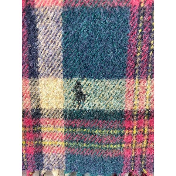 POLO RALPH L Scarf Mens Lambswool Tartan Fringed Rectangular Green Red 11" x 56" - Picture 12 of 13